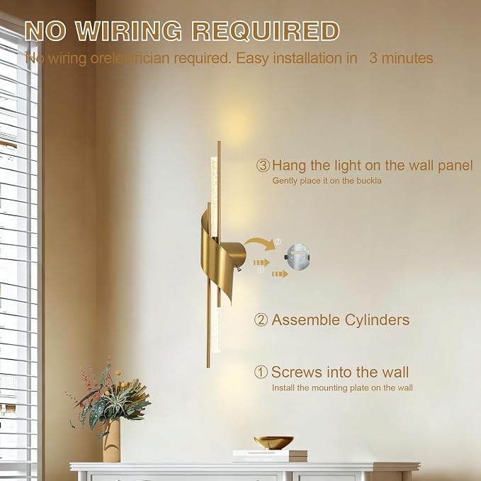 camuucci Battery Operated Wall Sconces Set of Two,Modern Wireless Wall Lights,LED Rechargeable 20000mAh Not Hardwired Remote Control Dimmable Wall Lamp Fixtures for Bedroom Gold 25 Inches