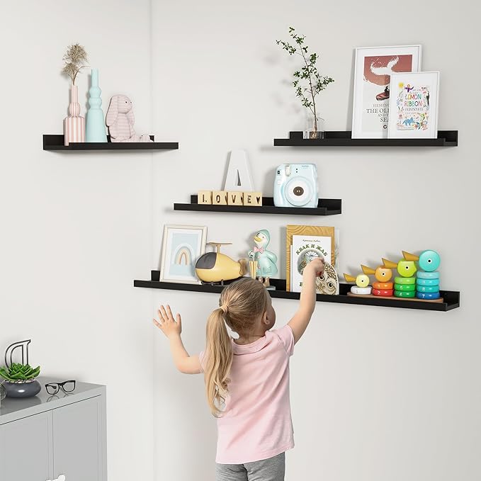 FLYJOE Picture Ledge Shelf, Floating Shelves Set of 2, 24 Inches Nursery Book Shelves for Toys Storage, Kids Bookshelf Wall Mounted for Living Room Bedroom Decor Books Photo Frames, Black