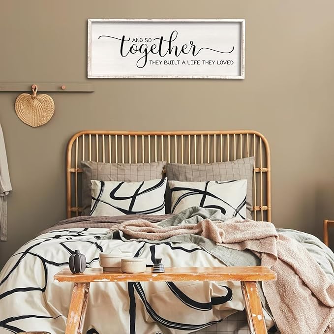 Surfapans And So Together They Built A Life They Loved Wall Decor 40”X15” Large Framed Farmhouse Wood Sign for Bedroom Above Bed Living Room Over Bed Wall Art Modern Hanging Decoration (White)