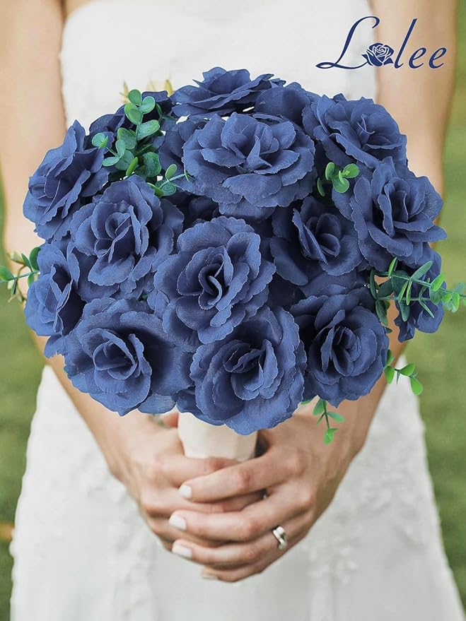 LELEE 108 Pcs Artificial Flowers Fake Silk Roses Long Stem Rose Bouquet Wedding Party Home Decor for DIY Baby Shower Centerpieces Tables Home Decorations(Navy Blue)