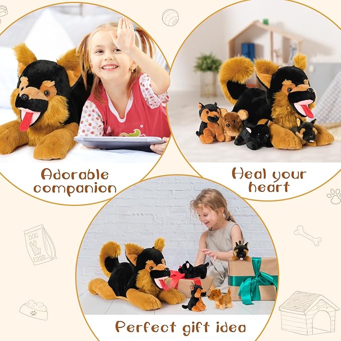 MaoGoLan 5Pcs Giant German Shepherd Dog Plush Toys with 4 Babies, Realistic Soft and Cuddly Stuffed Dog Puppies for Kids, Puppy Lovers