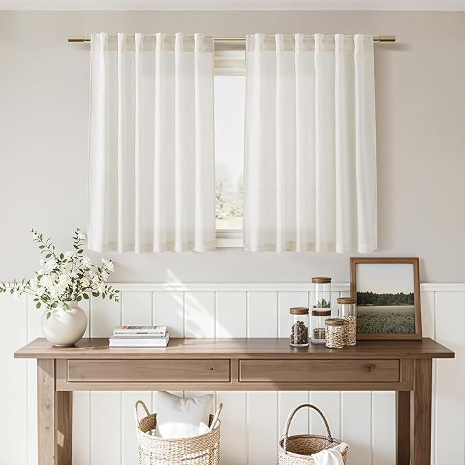 Nanspring Cafe Linen Curtains 24 Inch Length for Kitchen Windows Over Sink, Cream Natural Semi Sheer Light Filtering Back Tab and Rod Pocket Drapes for Small Window 34 x 24 Inch,2 Panels