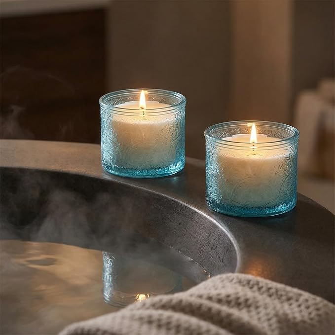 10 oz Blue Mandala Glass Candle Jars with Bamboo Lids, 9 Pack | Patented Embossed Design, Includes Wick Centering Devices & Warning Labels, Multiple Color Options