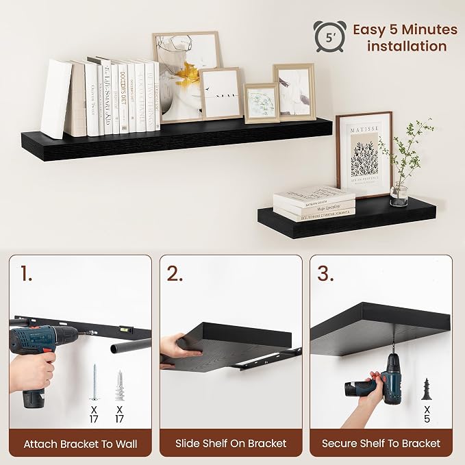 Vivelove 2" Thick Floating Shelves for Wall 16 Inches Long, 12" Deep Wall Shelves, for Bedroom, Bathroom, Living Room, Kitchen, Office, Modern Home Decor, 16" X 12" X 2", Set of 2, Black