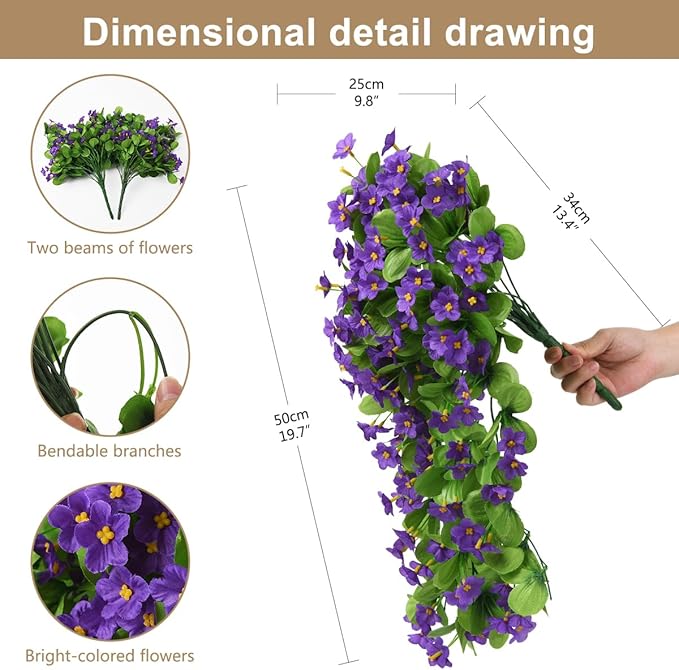 ZFProcess 2PCS Artificial Hanging Flowers, Fake Hanging Plants Violet Vines UV Resistant for Wall Home Room Garden Wedding Indoor Outdoor Spring Summer Decoration(Purple)