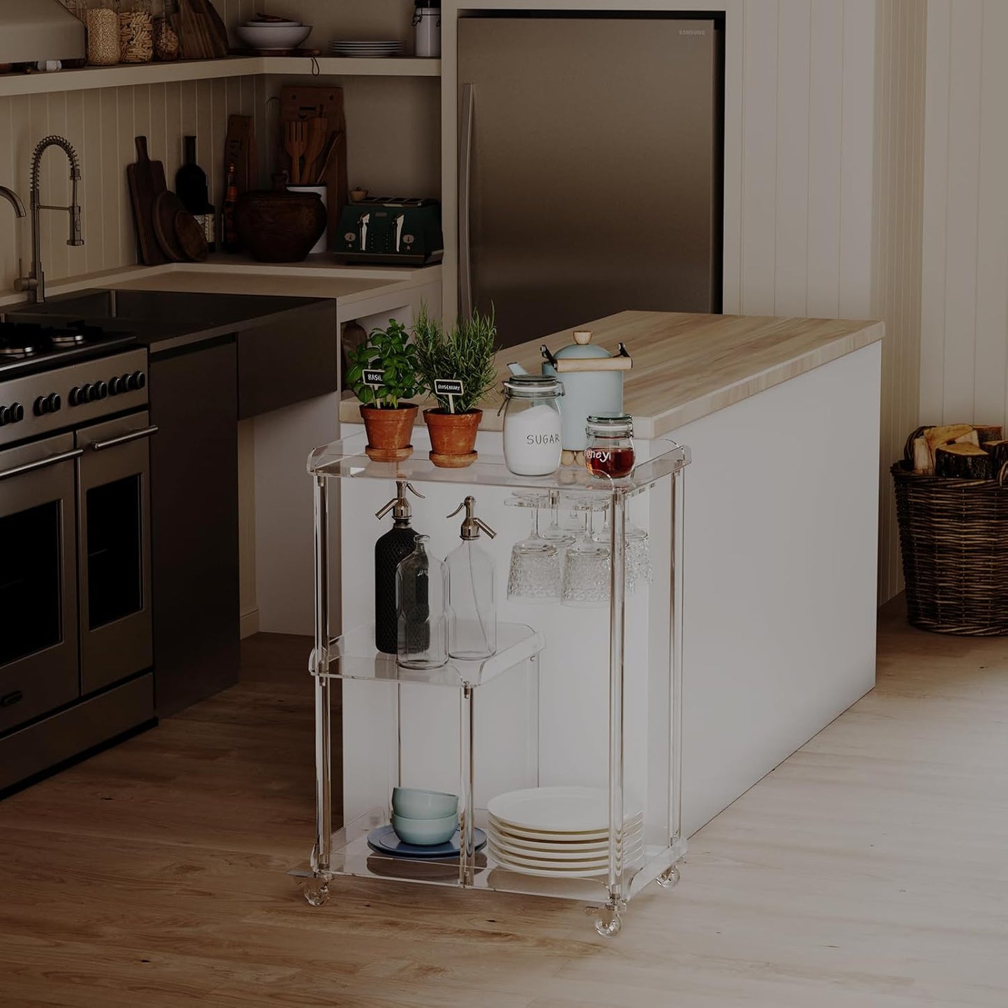 HMYHUM Acrylic Bar Cart with 4 Lockable Wheels, 3 Tier Clear Serving Cart with Glass Holder, Rolling Beverage Cart for Home, Kitchen, Dinning Room, 23.6''D x 15''W x 32.3''H