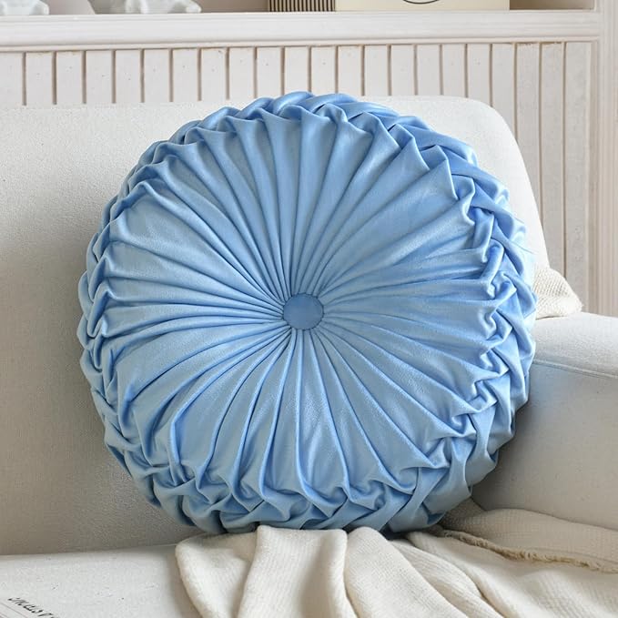 Teieas Round Throw Pillow Velvet Home Decoration Pleated Round Pillow Cushion for Couch Chair Bed Car Light Blue