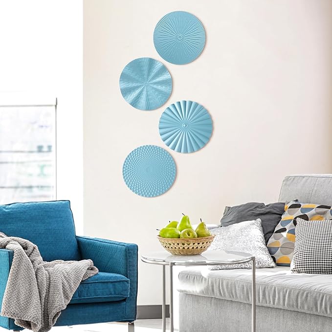 Hicarer 4 Pcs 12 Inch Metal Wall Art Decor Sunburst Hanging Metal Artwork Decor Wall Art Decorations for Home Living Room Office Gift for Christmas(Ocean Blue)