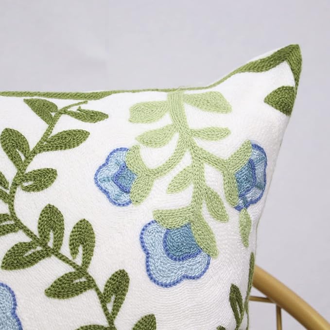 Set of 2 Embroidered Decorative Throw Pillow Covers Couch Square Pillowcases Cushion for Bedroom Sofa Farmhouse Decor 18x18 Inch (Blue Floral)