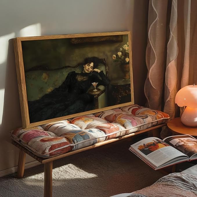 Framed Vintage Wall Art, Dark Academia Woman Martini Pictures Wall Decor, Victorian Feminine Lying on Couch Paintings Canvas Prints Moody Home Decor for Living Room Bedroom 16x24 inch