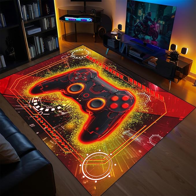 Gaming Rug for Boys Room - Yellow Gamer Area Rug for Boys Bedroom Games Themed Kids Room Decor Gaming Carpet Rugs, 59" L x 39" W