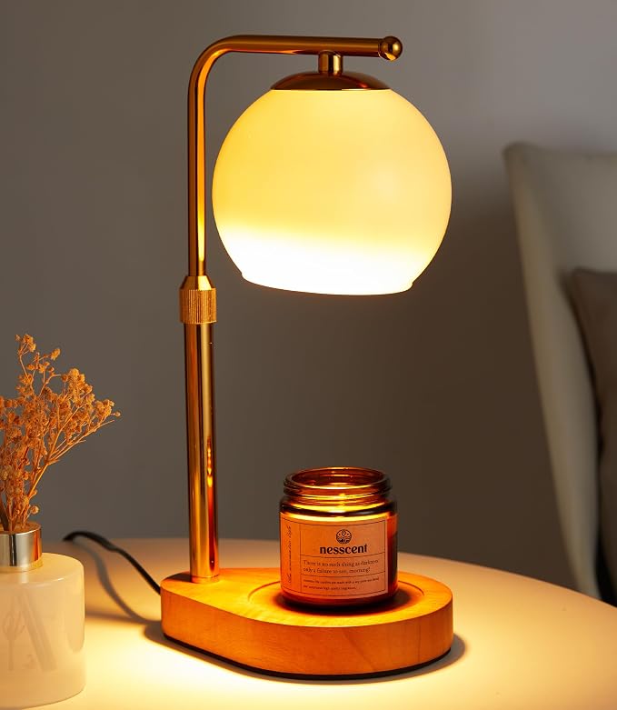 Ivory Glass Candle Warmer Lamp Adjustable Height with Timer 2 4 8H | Warm Gold Hardware | Dark Walnut Base | Dimmer Wax Melt Warmer Includes Candle and Bulbs