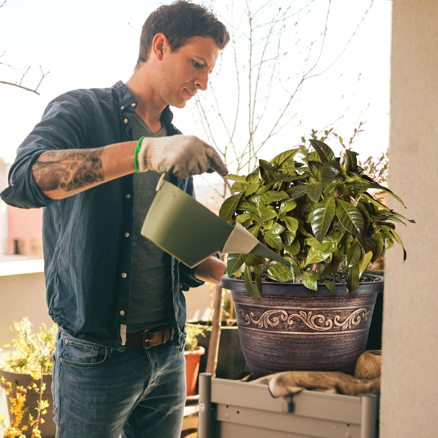 Plastic-Plant-Flower-Planters-16 Inch with Drainage Hole & Saucer, 3 Packs Lightweight Small Resin Flower Pot Indoor Outdoor, Retro Antique Imitation Decorative Garden Containers Sets for Houseplants