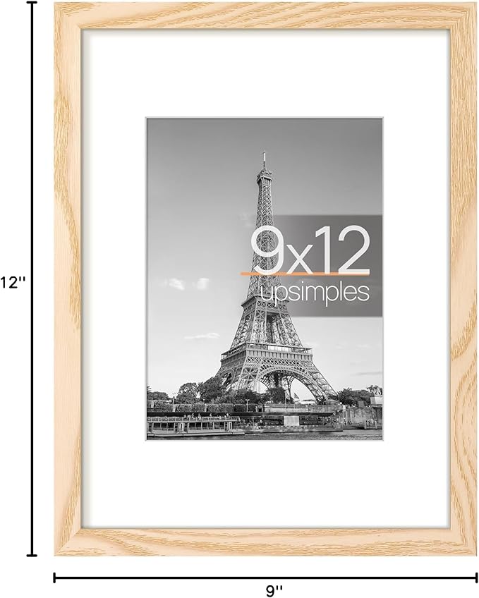 upsimples 9x12 Picture Frame, Display Pictures 6x8 with Mat or 9 x 12 Without, Wall Hanging Photo Frames, Natural, 1 Pack