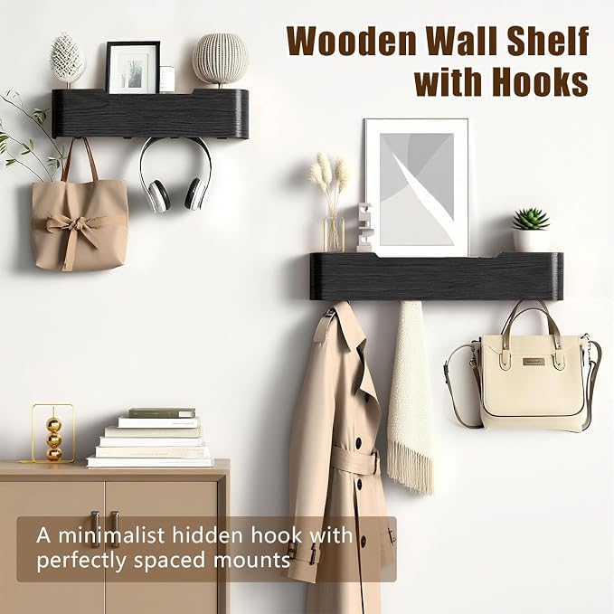 Coat Rack Wall Mount with Hidden Hooks, Wall Hooks with Shelf, Wall Key Holder Mount Wooden Shelf Entryway Hooks for Bedroom Bathroom for Hanging Coats Hats Bags Towels (Black, 5 Hooks)