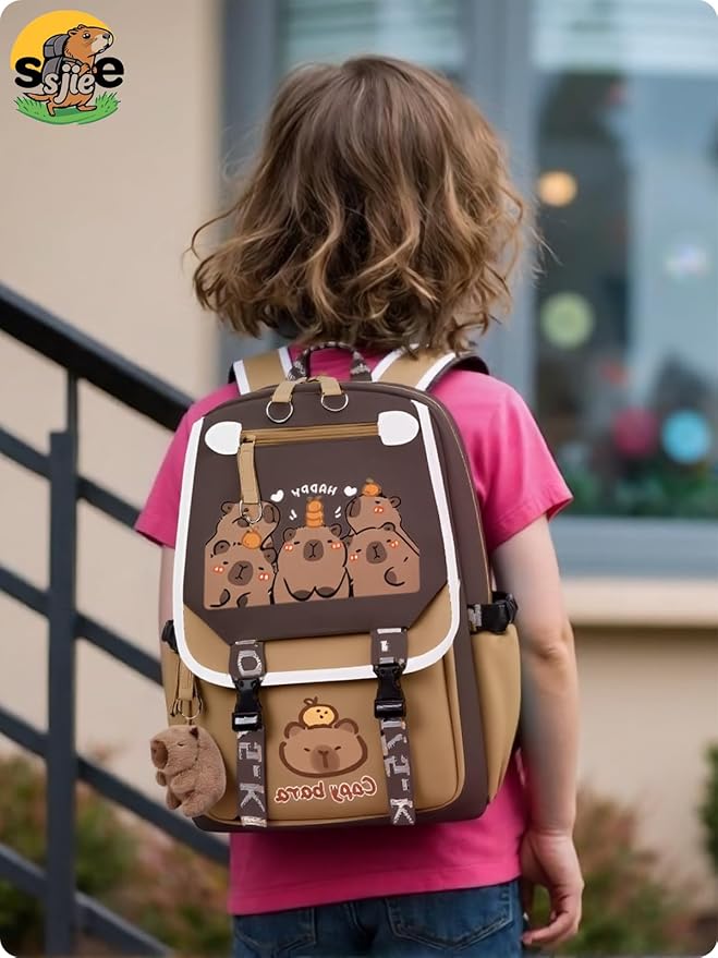Waterproof Capybara Backpack,Large-capacity Kawaii capybara bag with 11-Piece Accessories (Badges, Pendants, Plush capybara, Stickers and others)