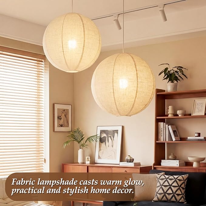 Nuanchu 2 Pack Linen Lantern Lamp Plug in Pendant Light 20 Inch Hanging Lamp Shade with 20 ft Cord Minimalist Light Covers Japanese Chandelier for Ceiling Dining Living Room Artistic Decor(Round)