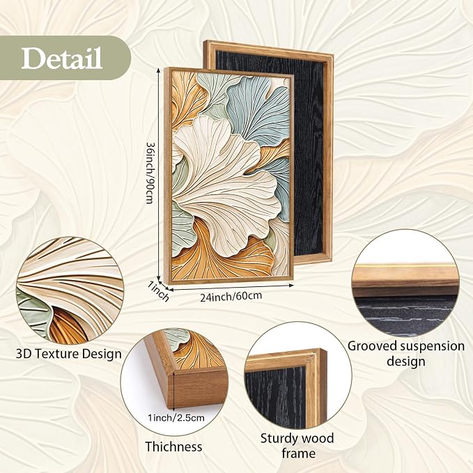 CHDITB 3D Neutral Earth Tone Impasto Ginkgo Leaf Textured Framed Canvas Wall Art Set, Pastel Minimalist Relief Wall Decor, Modern Art Prints for Living Room Hallway Bedroom Home Decor 24"x36"x3