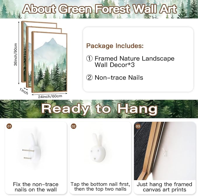 CHDITB Mountain Landscape Framed Canvas Wall Art(24"x36"), 3 Panels Boho Nature Forest Artwork Prints, Large Abstract Modern Green Pine Trees Art Decor for Bedroom Living Room Office