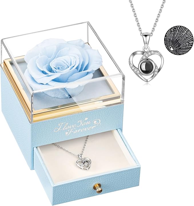 ASELFAD Preserved Real Rose with Heart Necklace -I Love You Forever Eternal Rose for Her, for Mom, Wife, Anniversary or Birthday Gifts for Women, Light Blue