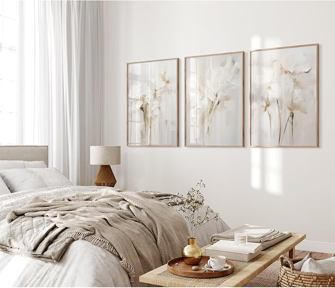 Neutral Wall Art Abstract Floral Canvas Pictures Beige Flower Wall Decor Modern Painting Minimalist Poster Abstract Botanical Prints White Artwork for Bedroom Living Room 24x36 Inch Unframed Set of 3