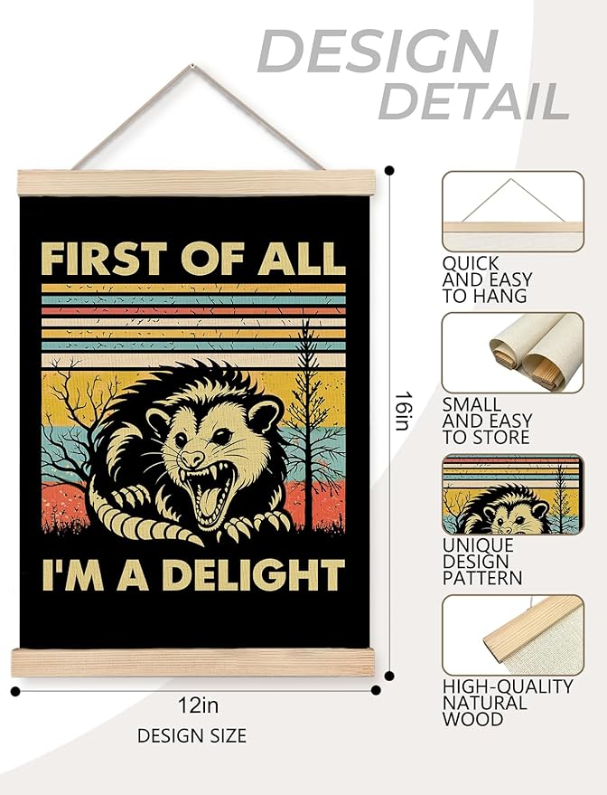 Foritho First of All I'm a Delight Sarcastic Angry Opossum Poster Wall Art Framed, Gifts for Opossum Lovers, 70s Retro Funny Animal Meme Canvas Prints Wall Decor for Home Office, 12x16 Inch