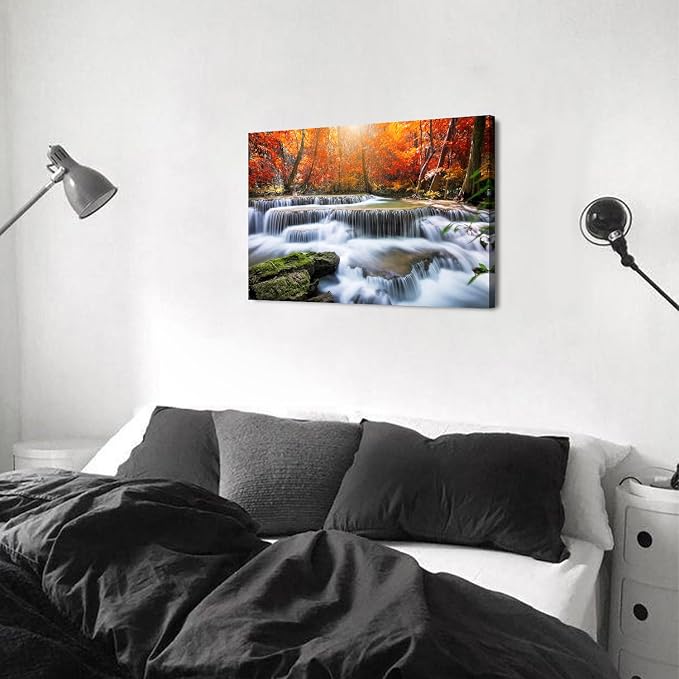 Fall Nature Sunset Wall Art Living Room Waterfall Mountains Picture Bedroom Bathroom Decor Autumn Maple Trees Scenery Canvas Prints Vintage Photography Artwork Modern Home Bathroom Decorations 16x24"