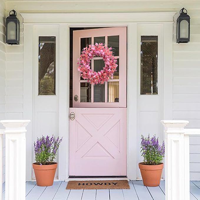 Bibelot 22inch Artificial Forsythia Flower Wreath Spring Summer Fall Wreath Silk Leaves for Front Door Decoration Porch Farmhouse Patio Garden Home Decor (Pink)