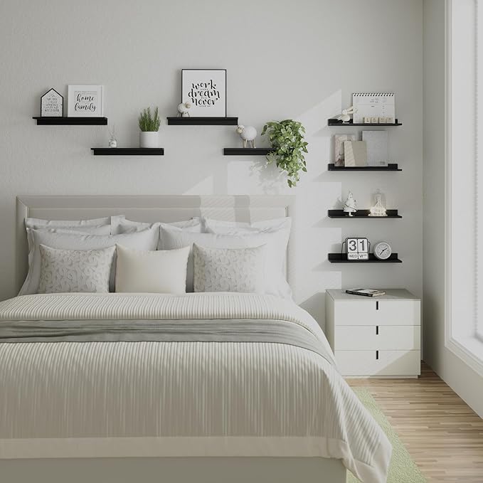 WOPITUES Floating Shelves, Wall Mounted Shelves for Room Decor, Modern Display Shelf for Bedroom, Sturdy Bathroom Storage Shelves, Book Shelves for Living Room, Black Small Corner Shelves, Set of 4