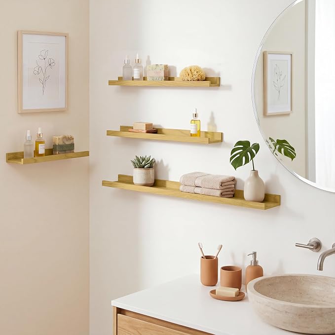 Acovy Floating Shelves Set of 6, 24 Inch Wall Mounted Picture Ledge Shelf with Lip, Oak Display Shelves for Living Room, Bedroom, Nursery, Bathroom & Kitchen