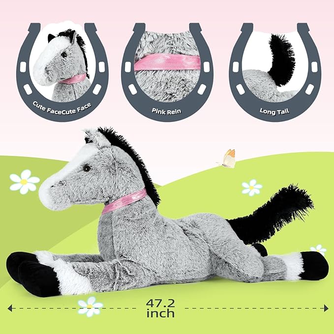 MaoGoLan Giant Horse Stuffed Animal Plush Toy, Large Horse Pony Stuff Plush Body Pillow Gift for Kid Girl Boy Birthday Gift Easter Baby Shower Party Decor (Gray, 47")