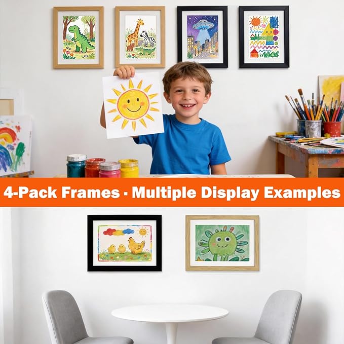 Kids Art Frames 8.5x11, 4-Pack Front Opening Changeable Picture Frames for Kids Artwork, Holds 150 Pieces Each, Artwork Storage and Wall Display Frame for Drawings, Portfolio, Black & Wood