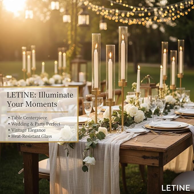 LETINE 3-Arm Gold Candelabra, Tall Candle Stick Holder 23.03",Candelabras with Glass Lampshade & Heavy Base - Ideal Candelabra Centerpieces for Indoor Outdoor Tables Wedding Party Decor (1 Pack)