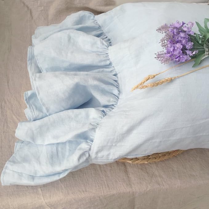 100% French Linen Pillowcase, Ruffles Pillow Cover, Pure Flax Pillow Sham, King Queen Twin Size 1 pcs (Twin, Water Blue)