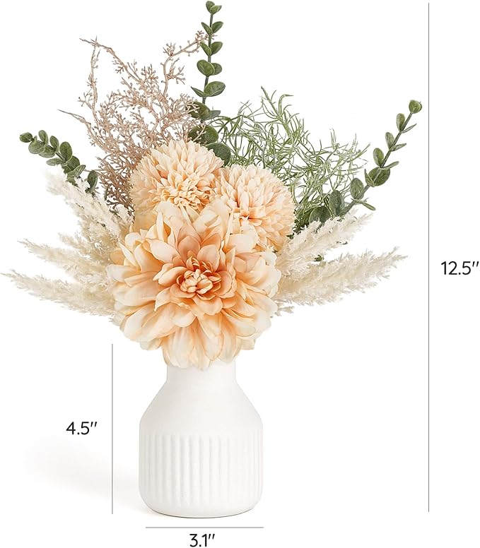Mkono Small Artificial Flowers in Ceramic Vase 12.5" Centerpieces Coffee Table Decor, Silk Flower Arrangements for Home Decor Indoor Fake Flower Bouquet for Bathroom Dining Room Kitchen Champagne