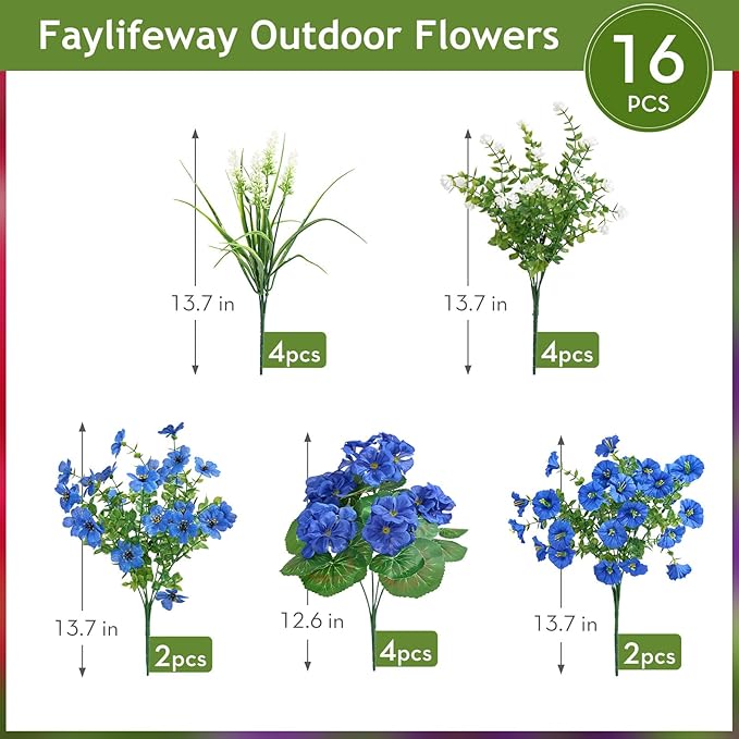 16 Bundles Artificial Flowers for Outdoors, UV Resistant Silk Faux Flowers for Outside Planters,Garden,Porch,Yard,Home Decor(Blue)
