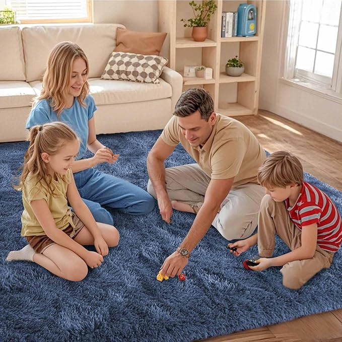FinRèc Dark Blue Rug for Bedroom Living Room, 3x5 Feet High Pile Plush Area Rug, Non-Slip Soft Fluffy Carpet for Nursery Kids Room Dorm Room Home Decor, Indoor Fuzzy Floor Rugs