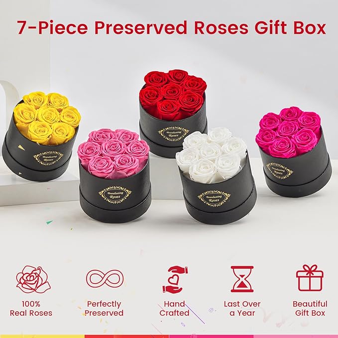Beaulasting Long Lasting Preserved Roses in a Box Last a Year Forever Flowers for Her Mom Wife Anniversary Birthday (Round Black Box, Yellow)