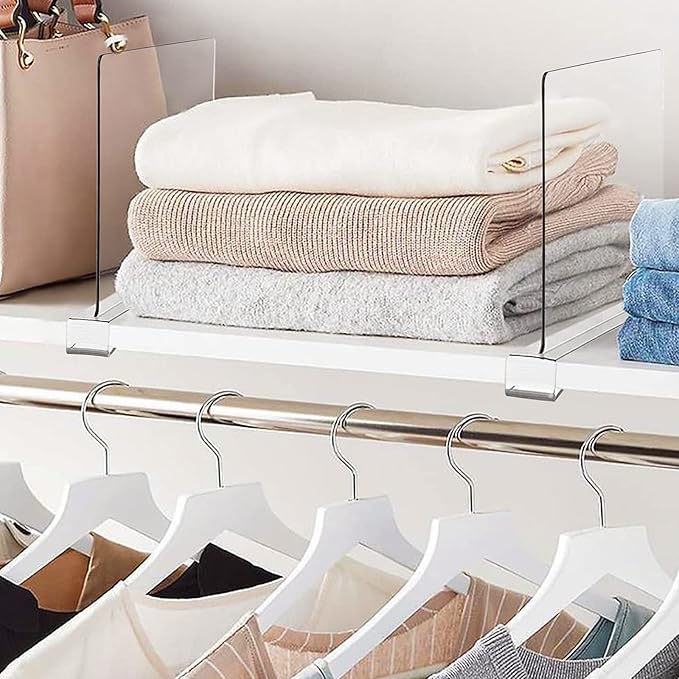 BAUMFEUER 12 Pack Clear Acrylic Shelf Dividers for Closet Shelf Organizer of Bedroom Kitchen Office Bathroom Organizer for Clothes Books Hats and Handbags