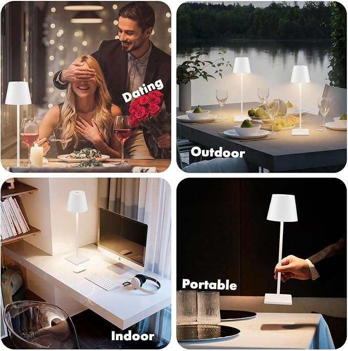 2-Pack Rechargeable Table Lamps, LED Cordless Table Lamp, 5000mAh Battery Operated Table Light, Stepless Dimming Portable Table Light Waterproof for Restaurant/Indoor/Outdoor (White)