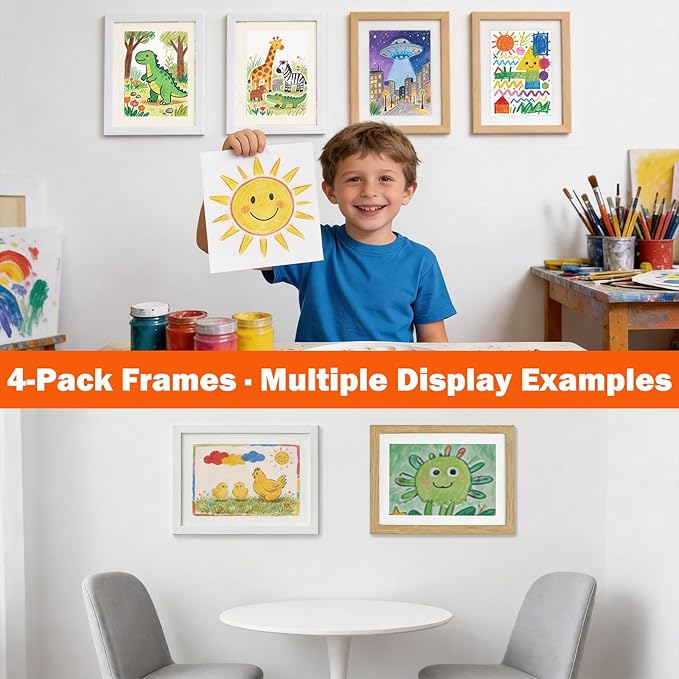 Kids Art Frames 8.5x11, 4-Pack Front Opening Changeable Picture Frames for Kids Artwork, Holds 150 Pieces Each, Artwork Storage and Wall Display Frame for Drawings, Portfolio, White & Wood