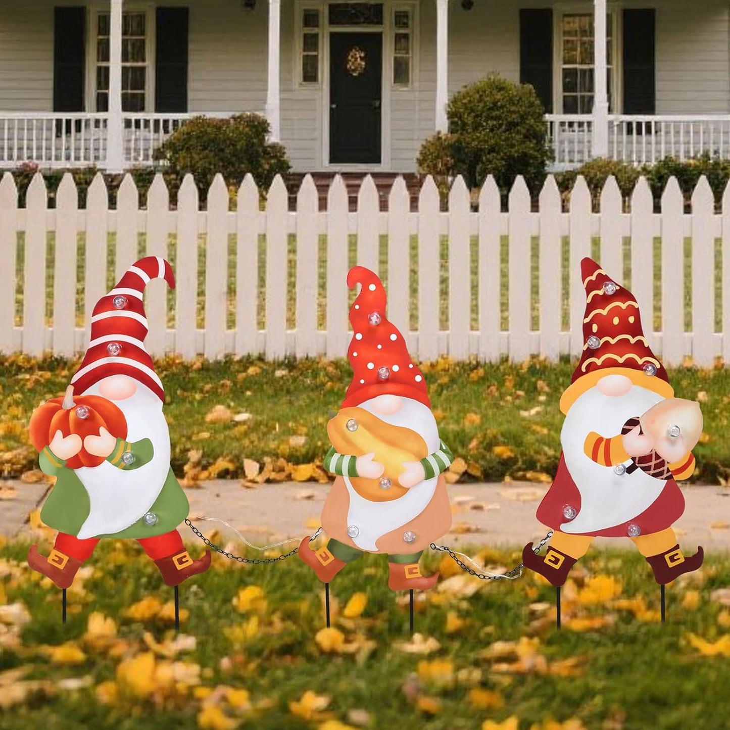 WONDER GARDEN 3 PCS Fall Yard Sign Metal Gnomes Decorative Garden Stakes with Led Lights Autumn Harvest Pumpkin Thanksgiving Garden Lawn Porch Patio Decorations Outdoor