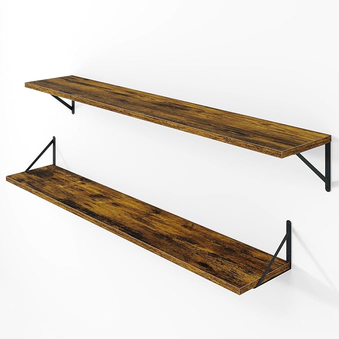 Vivelove Deep Floating Shelves for Wall, 48W x 8D Wood Wall Shelves Set of 2, Wide Floating Bookshelf for Living Room, Kitchen, Office, Bedroom and Decor Storage, with Metal Bracket - Rustic Brown