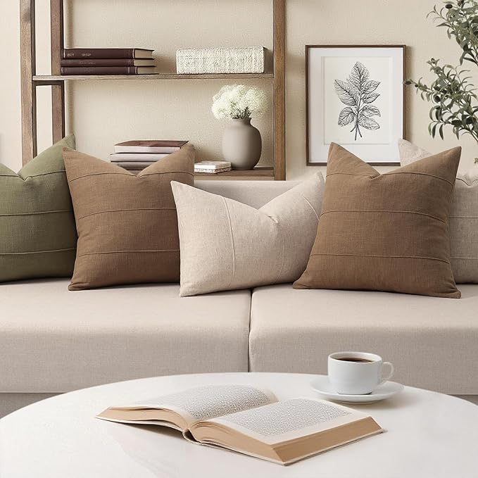 ZWJD Decorative Linen Throw Pillow Covers 18x18 Set of 2 Solid Handcrafted Striped Cushion Covers for Bed Soft Modern Farmhouse Neutral Pillowcase for Couch Bedroom Living Room Home Decor(Coco Brown)