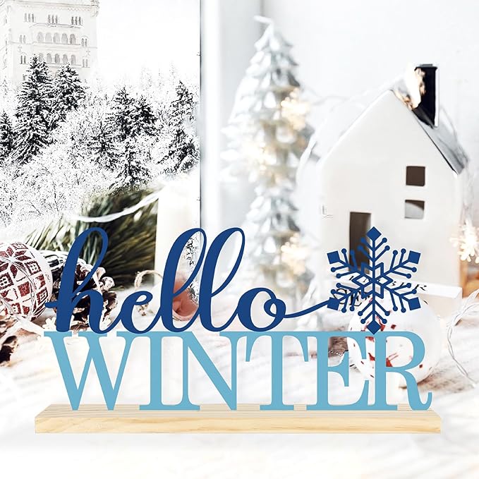 COCHIE Metal Hello Winter Sign, Snowflake Table Centerpieces Decorations for Home, Office, Shelf, Mantel, Indoor, Navy Blue Party Decor Supplies (Winter)