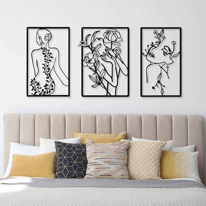 CHENGU 3 Pieces Metal Minimalist Abstract Woman Wall Art Line Drawing Wall Art Decor Single Line Female Home Hanging for Kitchen Bathroom Living Room