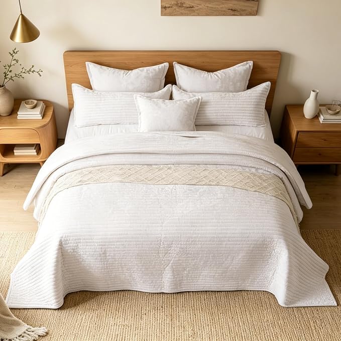 Luxury Velvet California King 106x118 in Quilt Set 3 Piece Quilted Bedspread with 2Pillow Shams(20x36) Ultra Soft Coverlet All Season Bedding for Farmhouse Modern Bedroom Sofa,Cream