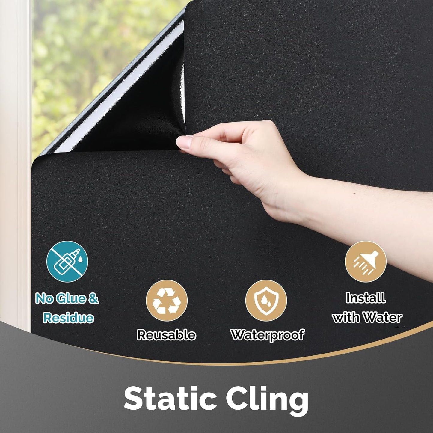 DOWELL Blackout Window Film, 100% Light Sun Blocking Static Cling Frosted Privacy Film for Glass, Heat Control Removable Window Tint, Room Darkening Cover for Day Sleep, Black, 23.6" x 78.7"