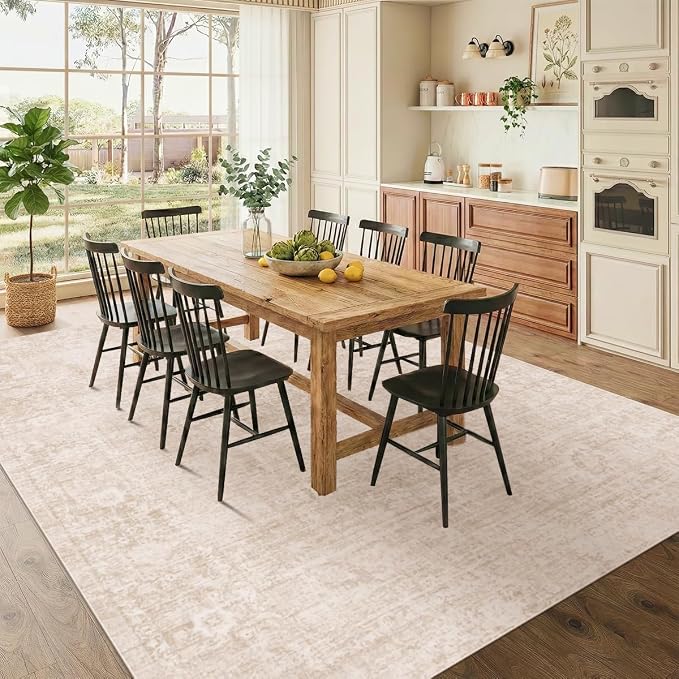 Homemate Washable Rug 8x10 Area Rugs - Vintage Faux Wool Rugs for Living Room Bedroom Dining Room - Non Slip Foldable Carpet Indoor Area Rug for Home Decor(8'x10', Beige