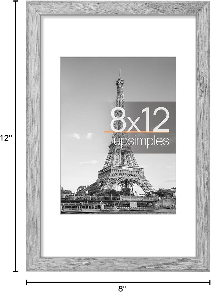 upsimples 8x12 Picture Frame, Display Pictures 6x8 with Mat or 8 x 12 Without, Wall Hanging Photo Frames, Gray, 1 Pack
